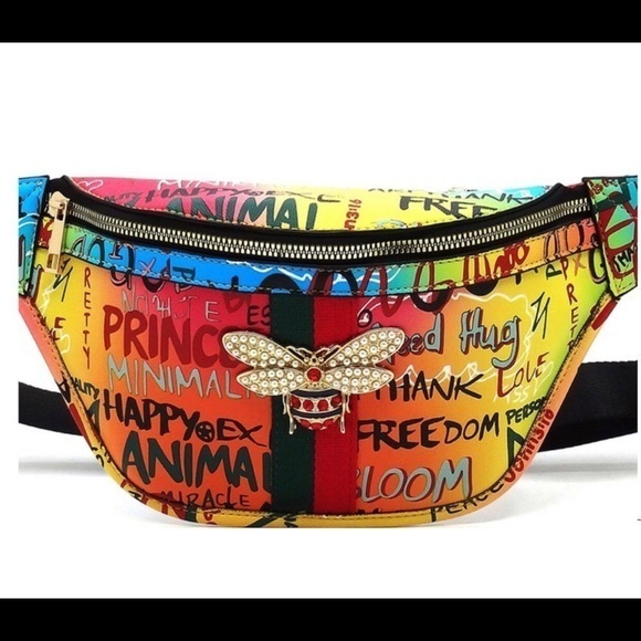 Multi Graffiti Queen Bee Stripe Fanny Pack Waist - Picture 1 of 7